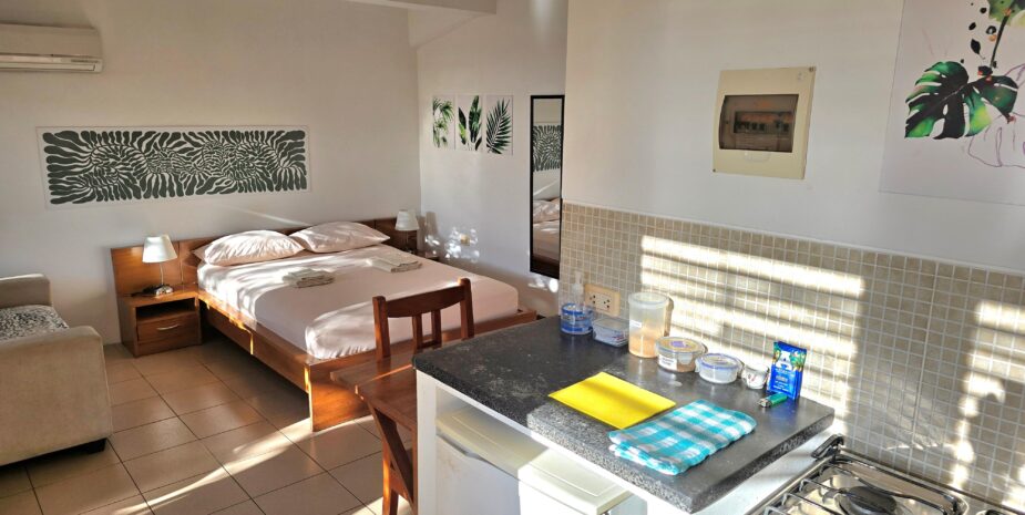 Studio 02 kitchen and bed